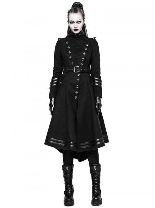 Punk Style High Collar Unique Metal Button Decoration Leather Splicing Handsome Black Woolen Long Coat
