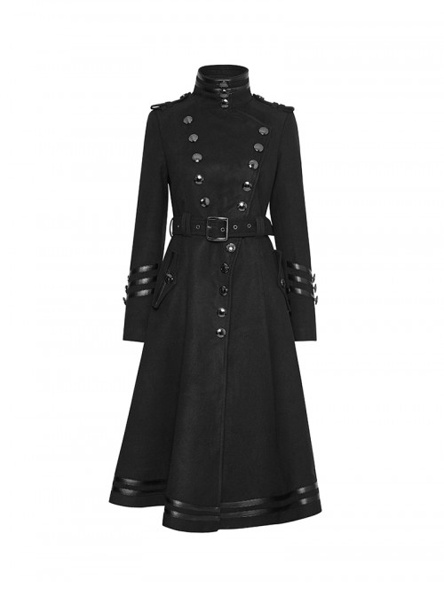 Punk Style High Collar Unique Metal Button Decoration Leather Splicing Handsome Black Woolen Long Coat