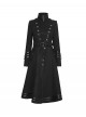 Punk Style High Collar Unique Metal Button Decoration Leather Splicing Handsome Black Woolen Long Coat