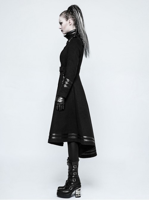 Punk Style High Collar Unique Metal Button Decoration Leather Splicing Handsome Black Woolen Long Coat