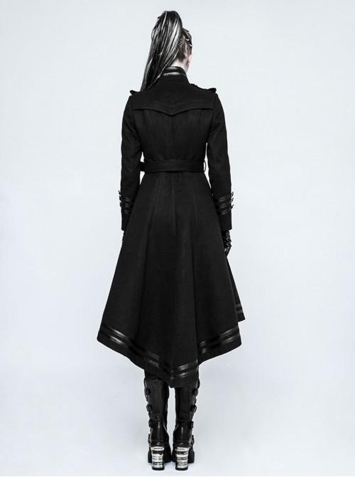 Punk Style High Collar Unique Metal Button Decoration Leather Splicing Handsome Black Woolen Long Coat