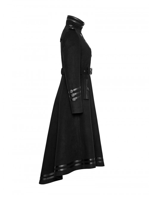 Punk Style High Collar Unique Metal Button Decoration Leather Splicing Handsome Black Woolen Long Coat