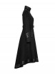 Punk Style High Collar Unique Metal Button Decoration Leather Splicing Handsome Black Woolen Long Coat