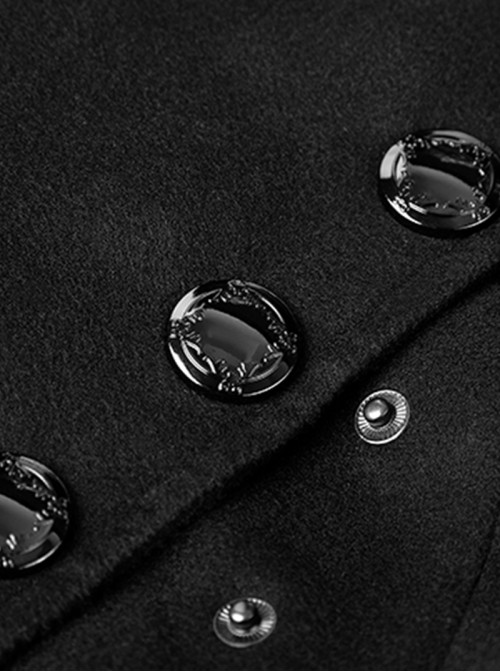 Punk Style High Collar Unique Metal Button Decoration Leather Splicing Handsome Black Woolen Long Coat