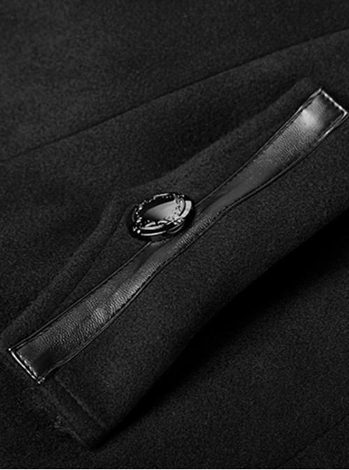 Punk Style High Collar Unique Metal Button Decoration Leather Splicing Handsome Black Woolen Long Coat