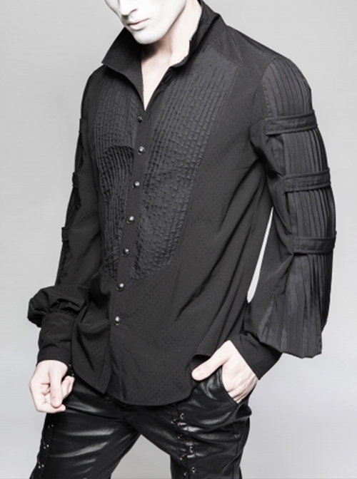 Gothic Style High Collar Ruffled Bow Tie Accordion Pleat Decoration Vintage Black Men's Long Lantern Sleeves Shirt