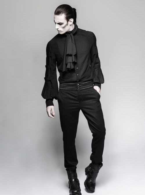 Gothic Style High Collar Ruffled Bow Tie Accordion Pleat Decoration Vintage Black Men's Long Lantern Sleeves Shirt
