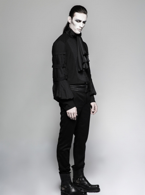 Gothic Style High Collar Ruffled Bow Tie Accordion Pleat Decoration Vintage Black Men's Long Lantern Sleeves Shirt
