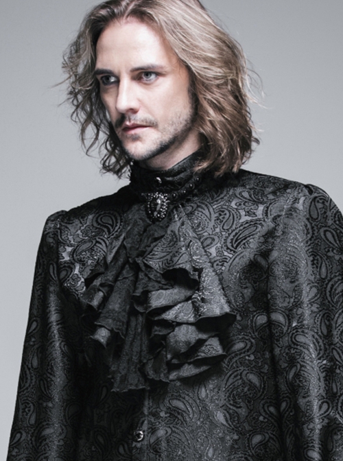 Gothic Style Handsome Lace Jacquard Lace Front Center Gorgeous Gem Embellishment Men's Black Collar