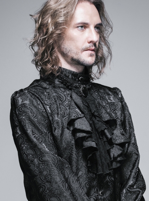 Gothic Style Handsome Lace Jacquard Lace Front Center Gorgeous Gem Embellishment Men's Black Collar