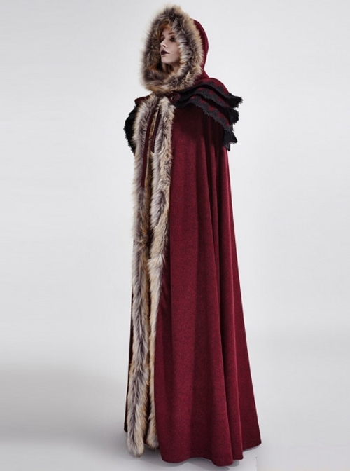 Gothic Style Luxury Fur Collar Shoulders Unique Multi Layer Design Retro Women's Red Winter Wool Hooded Long Cape