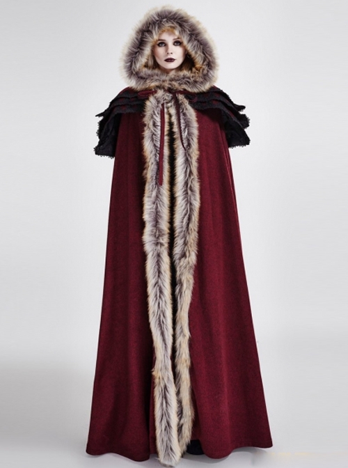 Gothic Style Luxury Fur Collar Shoulders Unique Multi Layer Design Retro Women's Red Winter Wool Hooded Long Cape