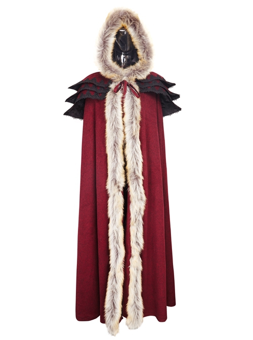 Gothic Style Luxury Fur Collar Shoulders Unique Multi Layer Design Retro Women's Red Winter Wool Hooded Long Cape
