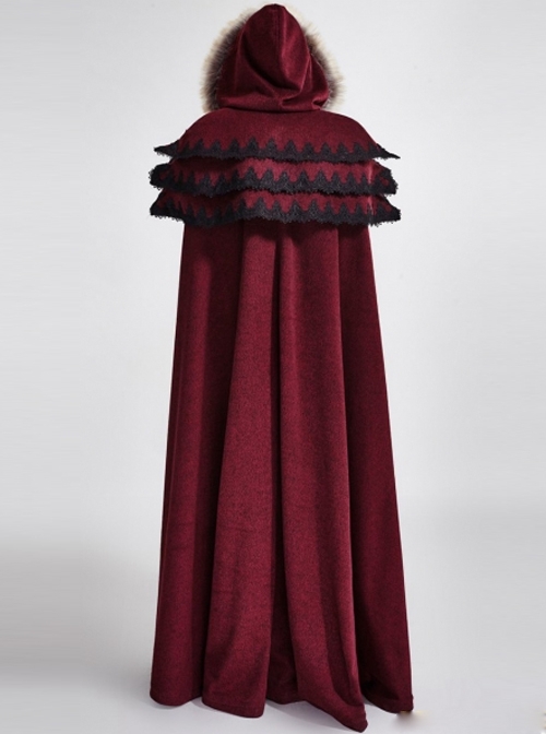 Gothic Style Luxury Fur Collar Shoulders Unique Multi Layer Design Retro Women's Red Winter Wool Hooded Long Cape