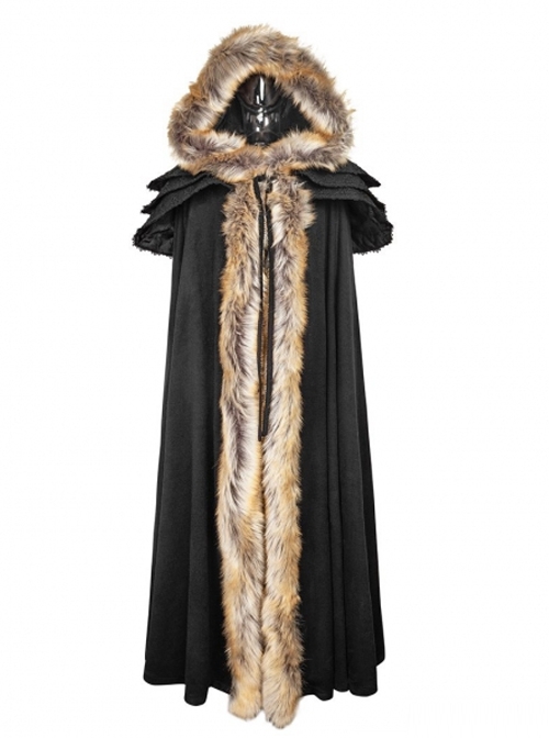 Gothic Style Warm Fur Collar Shoulder Multi Layer Design Retro Women's Black Winter Hooded Long Cape