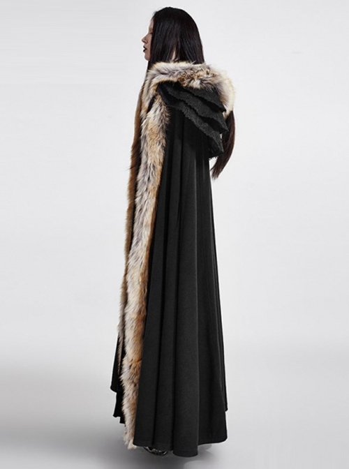 Gothic Style Warm Fur Collar Shoulder Multi Layer Design Retro Women's Black Winter Hooded Long Cape