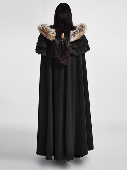 Gothic Style Warm Fur Collar Shoulder Multi Layer Design Retro Women's Black Winter Hooded Long Cape