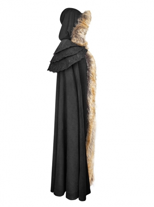 Gothic Style Warm Fur Collar Shoulder Multi Layer Design Retro Women's Black Winter Hooded Long Cape