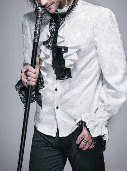 Gothic Style Handsome Lace Jacquard Lace Front Center Gorgeous Gem Embellishment Men's Black And White Collar Ornaments