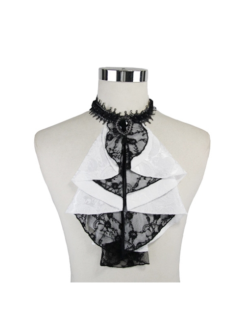 Gothic Style Handsome Lace Jacquard Lace Front Center Gorgeous Gem Embellishment Men's Black And White Collar Ornaments