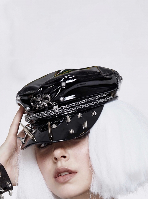 Punk Style Cool Glossy Front Spiked Metal Pattern Women's Black Leather Hat