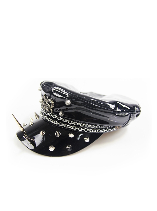 Punk Style Cool Glossy Front Spiked Metal Pattern Women's Black Leather Hat