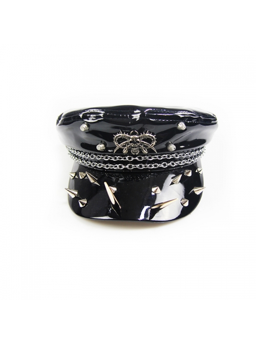 Punk Style Cool Glossy Front Spiked Metal Pattern Women's Black Leather Hat