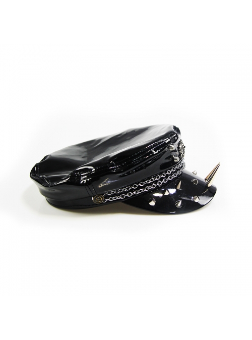 Punk Style Cool Glossy Front Spiked Metal Pattern Women's Black Leather Hat