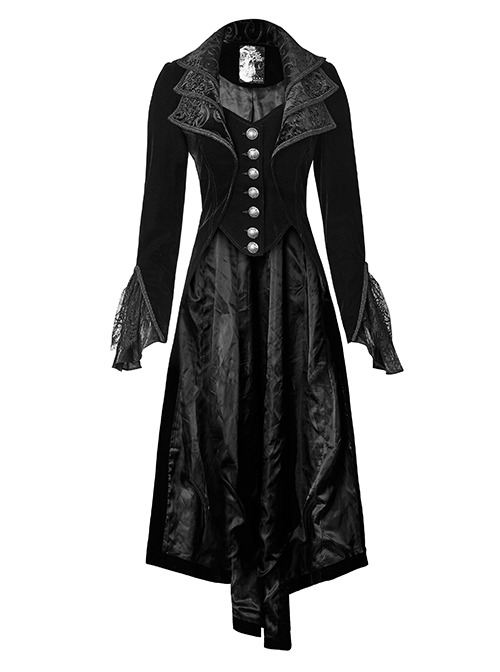 Gothic Style Retro Layered Lapel Velvet Gorgeous Long Tail Exquisite Lace Elegant Black Long Sleeves Coat