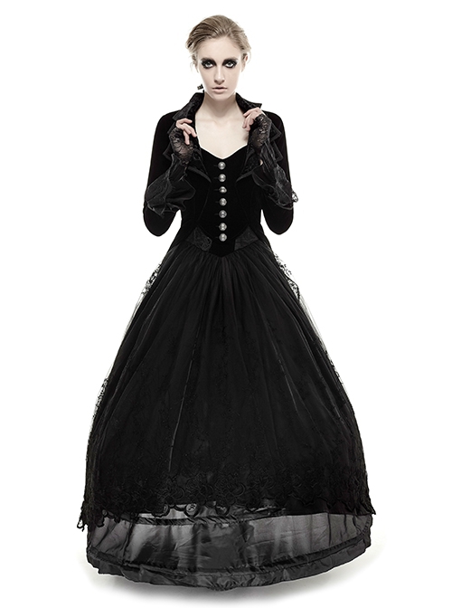 Gothic Style Retro Layered Lapel Velvet Gorgeous Long Tail Exquisite Lace Elegant Black Long Sleeves Coat