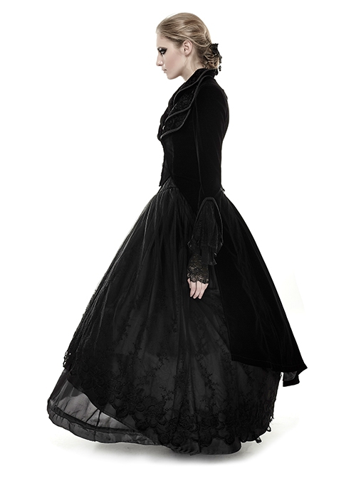 Gothic Style Retro Layered Lapel Velvet Gorgeous Long Tail Exquisite Lace Elegant Black Long Sleeves Coat