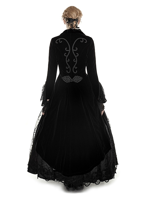 Gothic Style Retro Layered Lapel Velvet Gorgeous Long Tail Exquisite Lace Elegant Black Long Sleeves Coat