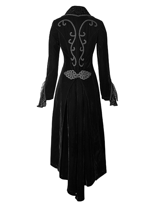 Gothic Style Retro Layered Lapel Velvet Gorgeous Long Tail Exquisite Lace Elegant Black Long Sleeves Coat