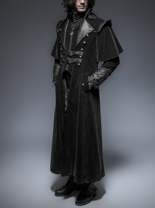 Gothic Style Vintage Pressed Leather Splicing Metal Buckle Decoration Mysterious Black Long Sleeves Coat