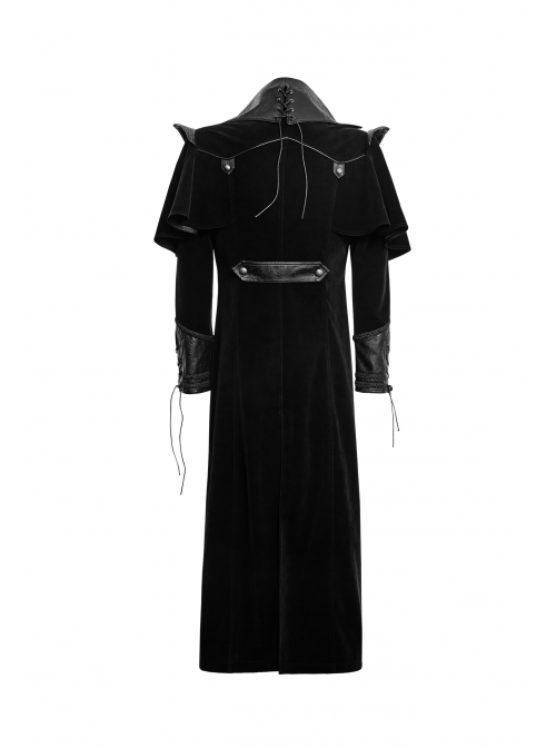 Gothic Style Vintage Pressed Leather Splicing Metal Buckle Decoration Mysterious Black Long Sleeves Coat