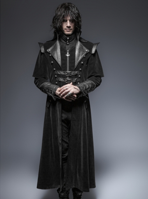 Gothic Style Vintage Pressed Leather Splicing Metal Buckle Decoration Mysterious Black Long Sleeves Coat