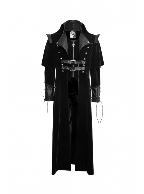 Gothic Style Vintage Pressed Leather Splicing Metal Buckle Decoration Mysterious Black Long Sleeves Coat