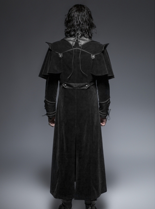Gothic Style Vintage Pressed Leather Splicing Metal Buckle Decoration Mysterious Black Long Sleeves Coat