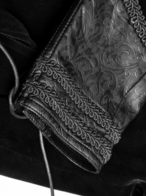 Gothic Style Vintage Pressed Leather Splicing Metal Buckle Decoration Mysterious Black Long Sleeves Coat