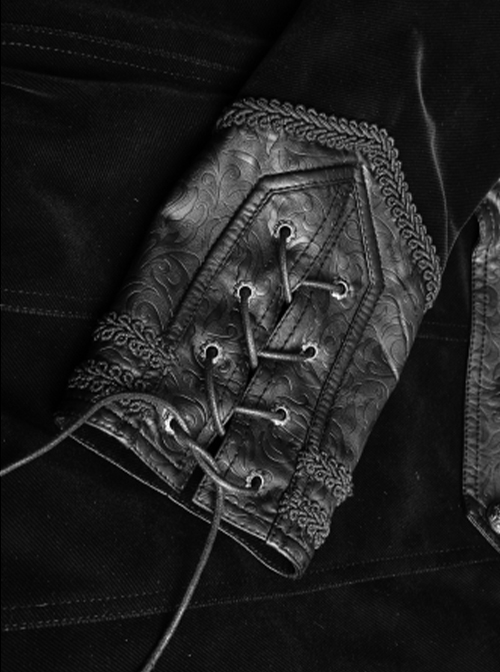 Gothic Style Vintage Pressed Leather Splicing Metal Buckle Decoration Mysterious Black Long Sleeves Coat