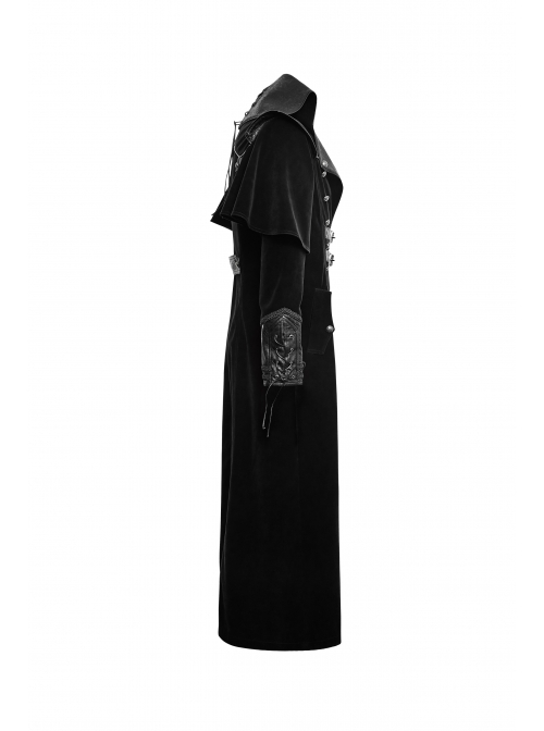 Gothic Style Vintage Pressed Leather Splicing Metal Buckle Decoration Mysterious Black Long Sleeves Coat