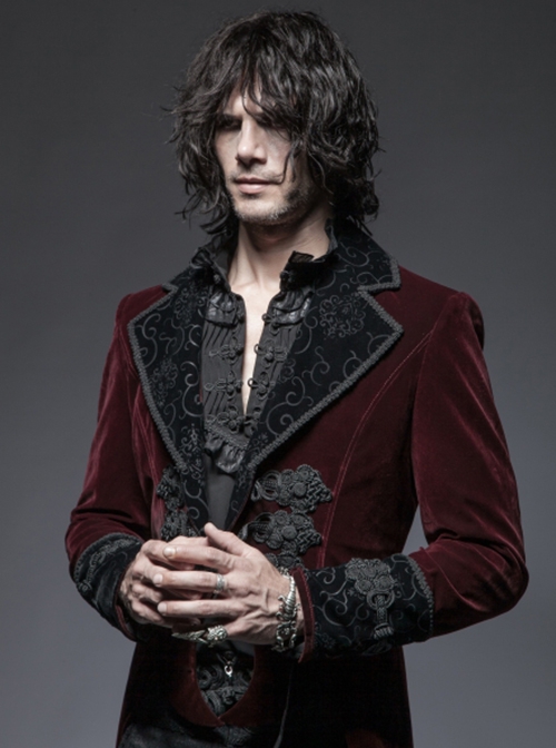 Gothic Style Luxurious Velvet Gorgeous Classical Buttons Swallowtail Hem Court Wine Red Long Sleeves Coat