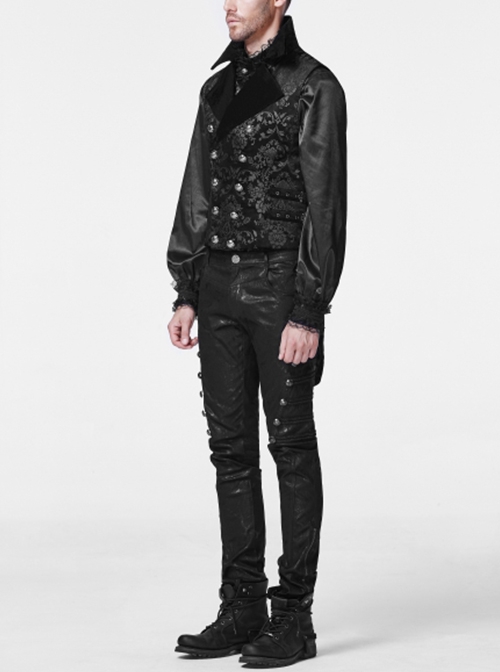 Gothic Style Elegant Lapel Flocked Pattern Exquisite Double Breasted Design Retro Swallowtail Hem Black Vest
