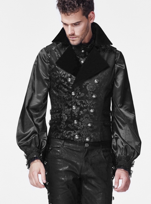 Gothic Style Elegant Lapel Flocked Pattern Exquisite Double Breasted Design Retro Swallowtail Hem Black Vest