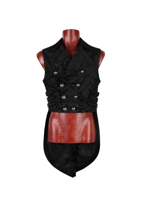 Gothic Style Elegant Lapel Flocked Pattern Exquisite Double Breasted Design Retro Swallowtail Hem Black Vest