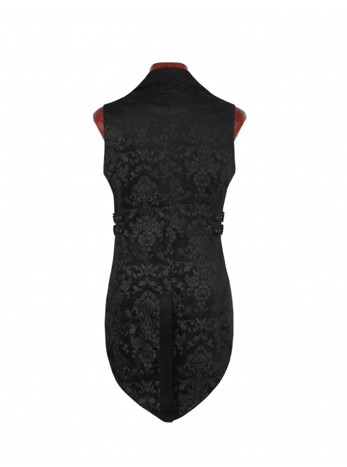 Gothic Style Elegant Lapel Flocked Pattern Exquisite Double Breasted Design Retro Swallowtail Hem Black Vest