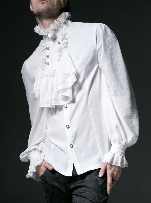 Gothic Style Gorgeous Ruffled High Collar Retro Exquisite Bow Tie Elegant White Chiffon Lantern Sleeves Shirt