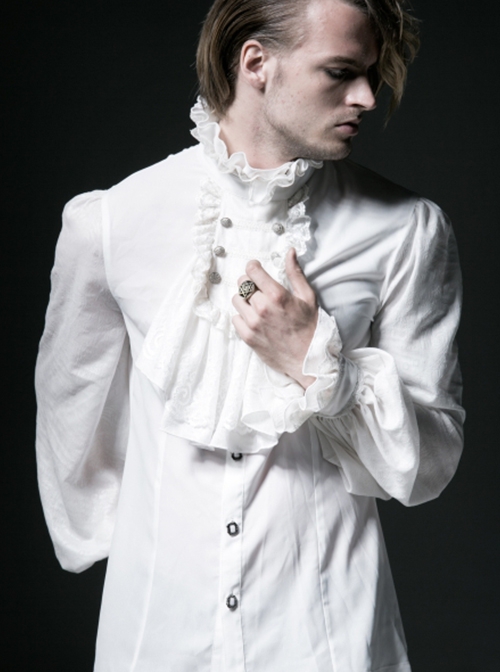 Gothic Style Gorgeous Ruffled High Collar Retro Exquisite Bow Tie Elegant White Chiffon Lantern Sleeves Shirt