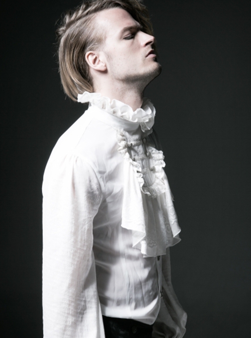 Gothic Style Gorgeous Ruffled High Collar Retro Exquisite Bow Tie Elegant White Chiffon Lantern Sleeves Shirt