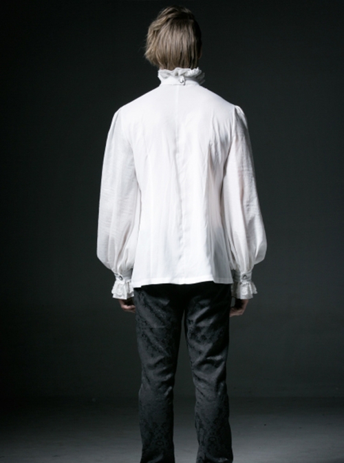 Gothic Style Gorgeous Ruffled High Collar Retro Exquisite Bow Tie Elegant White Chiffon Lantern Sleeves Shirt